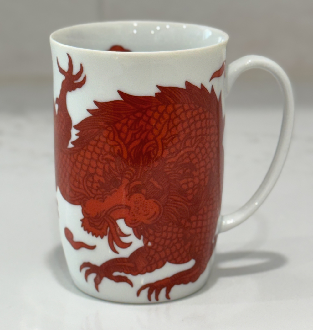 Vintage 1975 Fitz and Floyd "Temple Dragon" Ceramic Mug Red & White Chinoiserie